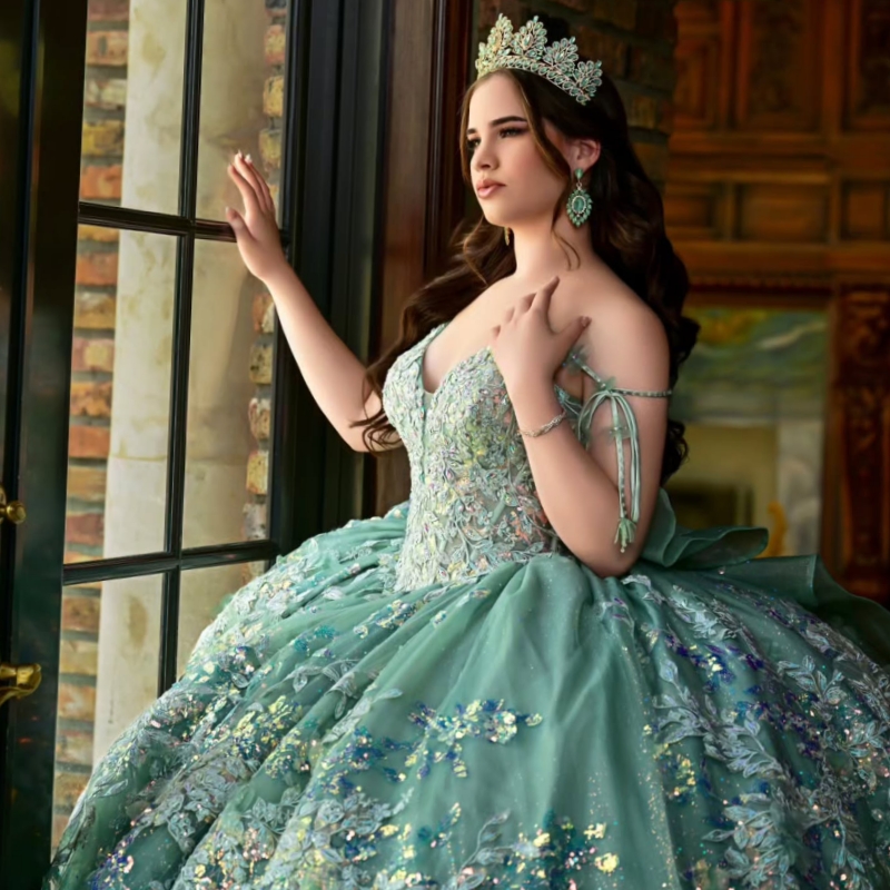 Mint Green Shiny Quinceanera Dresses Ball Gown Off The Shoulder Applique Lace Beads Tull Corset Party Birthday Sweet 16 Dress Vestidos 15 Anos