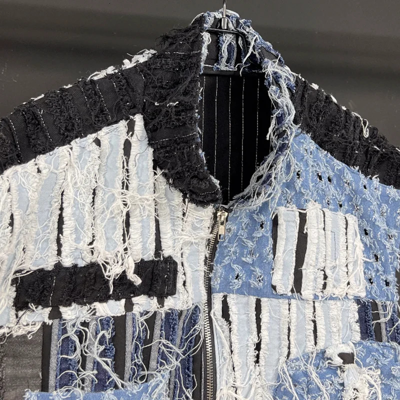 PFHQ Summer Mens Worn Out Denim Vest High Quality Patchwork Techwear Creativity Contrast Color Motorcycle Waistcoat 21Z1136 250717