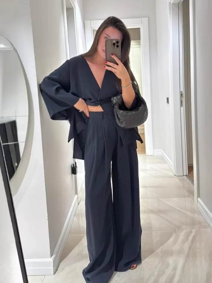 2025 Summer Casual Solid Straight Pants Set Women Chic V Neck High Waist Long Sleeve Flare Top Suits Summer Daily Street Outfits 250715