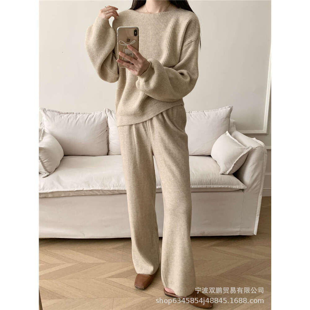 Loose Knit Set For Women Autumn Winter New Round Neck Sweater + Wide Leg Pants B5