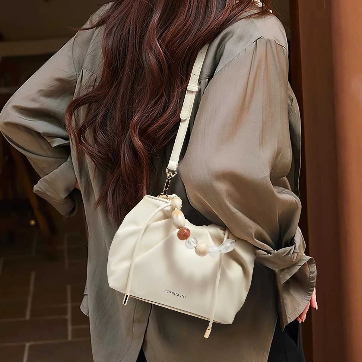 FOXER Chic Beaded Handbag for Women White Signature Crossbody Bag 2025 New Cloud Bag with Large Storage Z250718