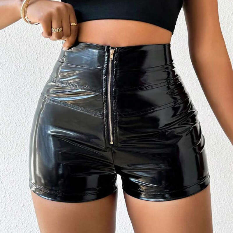 Autumn New Women's PU Leather Mirror High Waist Stretch Spliced Metal Zipper Shorts B5