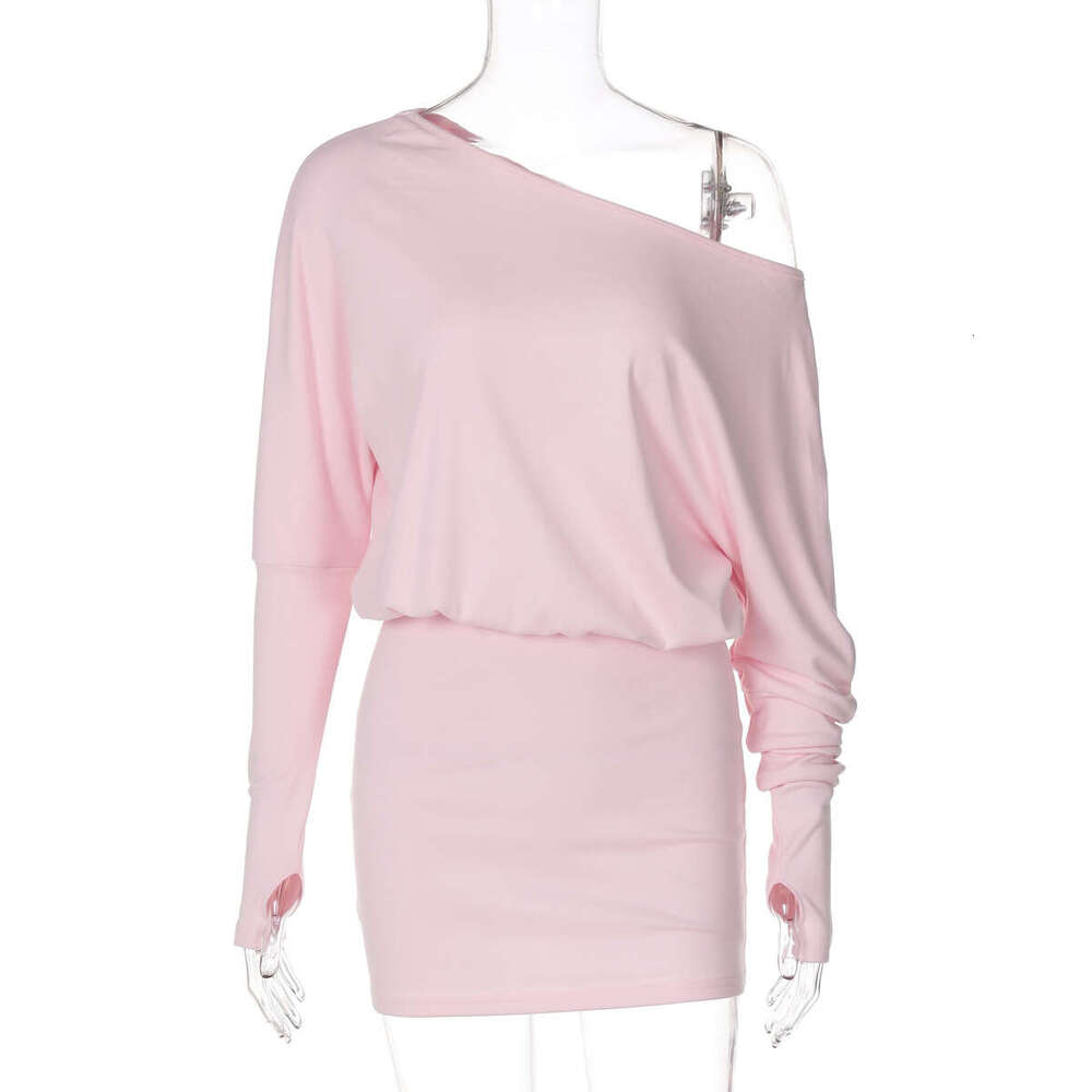 Ins Style Women's Autumn New Personality Asymmetric Neck Off-Shoulder Long Sleeve Fake Two-Piece Waist Slimming Bodycon Dress B5