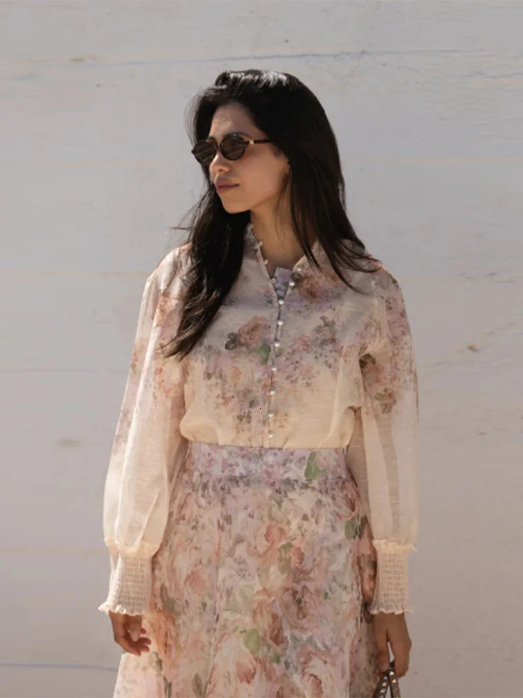 Elegant Womens Floral Maxi Skirt Set Chiffon 2 Piece Suit LongSleeve HighNeck Top Matching Skirts Summer Streetwear 250714