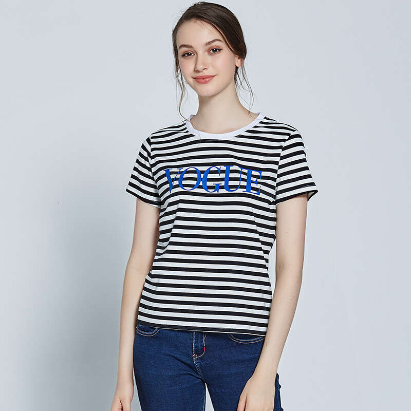 Spring Summer New Printed Striped Cotton Short Sleeve T-Shirt Women's Style Soft Loose Top Vogue B5
