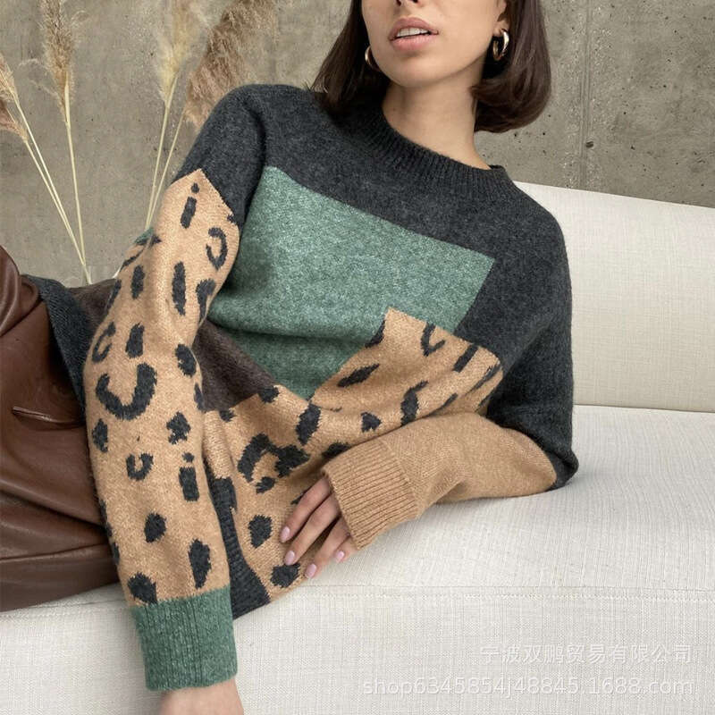 Leopard Print Patchwork Sweater For Women Soft Thickened Sheep Wool Long Sleeve Knitted Top Ins Style B5