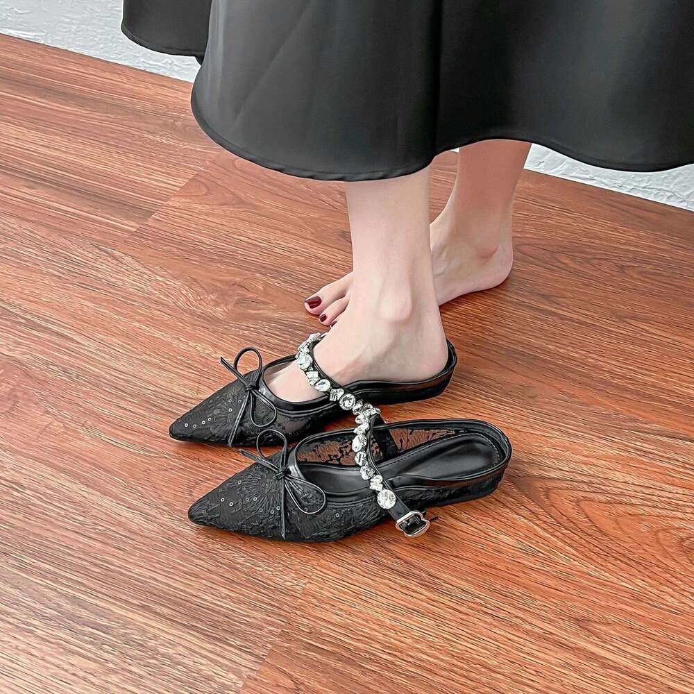 Su Yinyin Half Slip-On for Women Fashion Pointed Toe Elegant Lace Breathable Flat Shoes Women's Height Increasing Versatile Mules