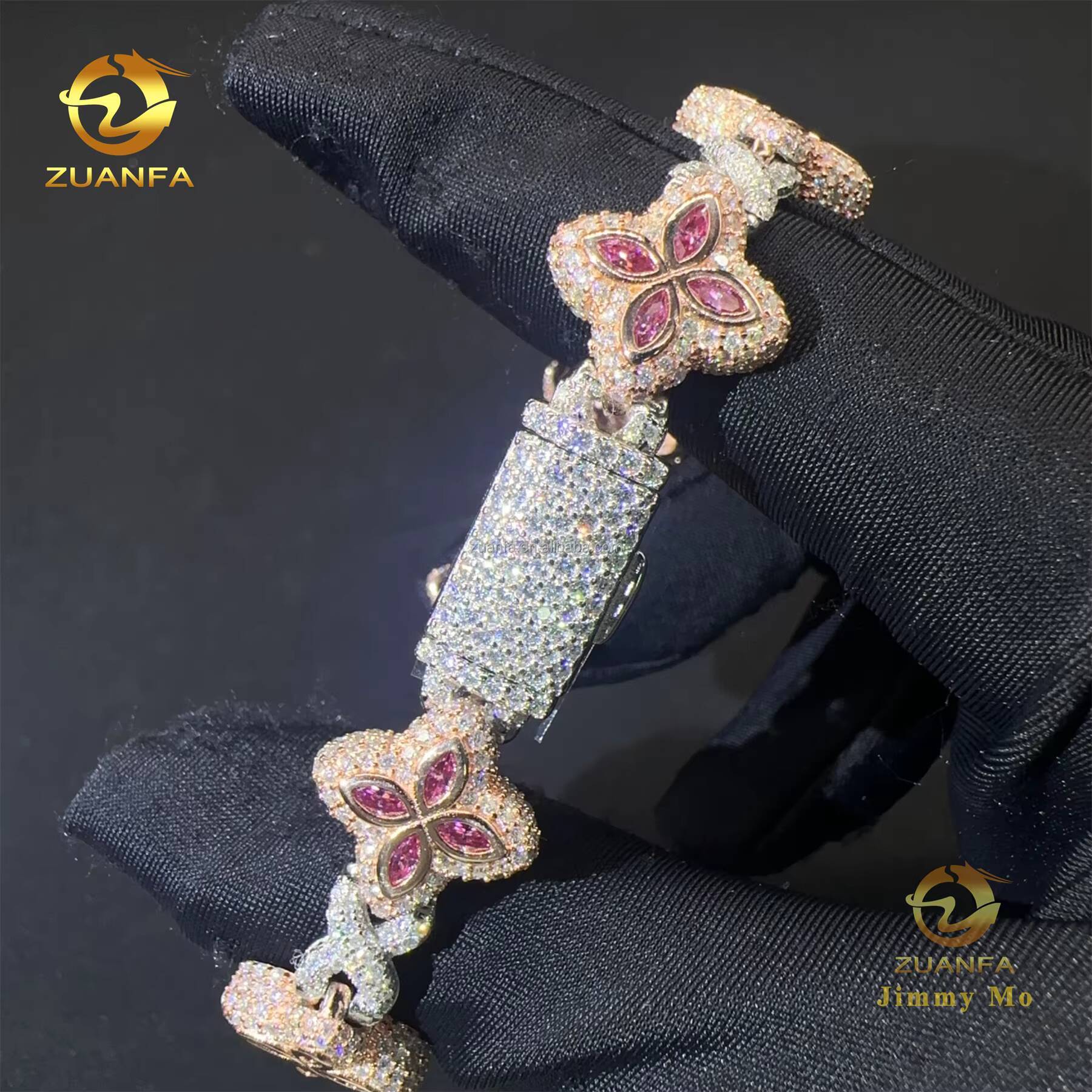 New Design 15mm Marquise Flower Luxury Jewelry Hip Hop Jewelry Iced Out Pink Moissanite Diamond Infinity Cuban Link Bracelet