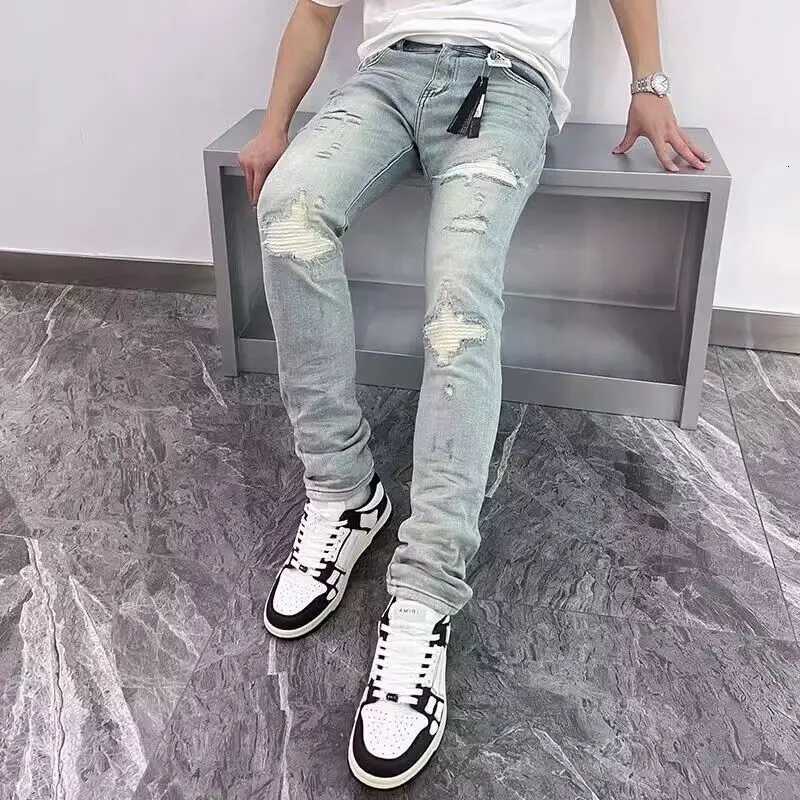2025 Spring New Ripped Hole Denim Mens Pants Washing Light Blue Hip Hop Slim Fit Mens Trousers High Street Blue Beggar Jeans X250718
