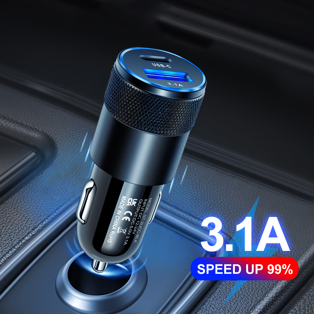 Dual USB Car Charger 3.1A QC3.0 Fast Charging Adapter PD Quick Charge Cigarette Lighter Power Port 12V 24V for iPhone Xiaomi Huawei Android Devices