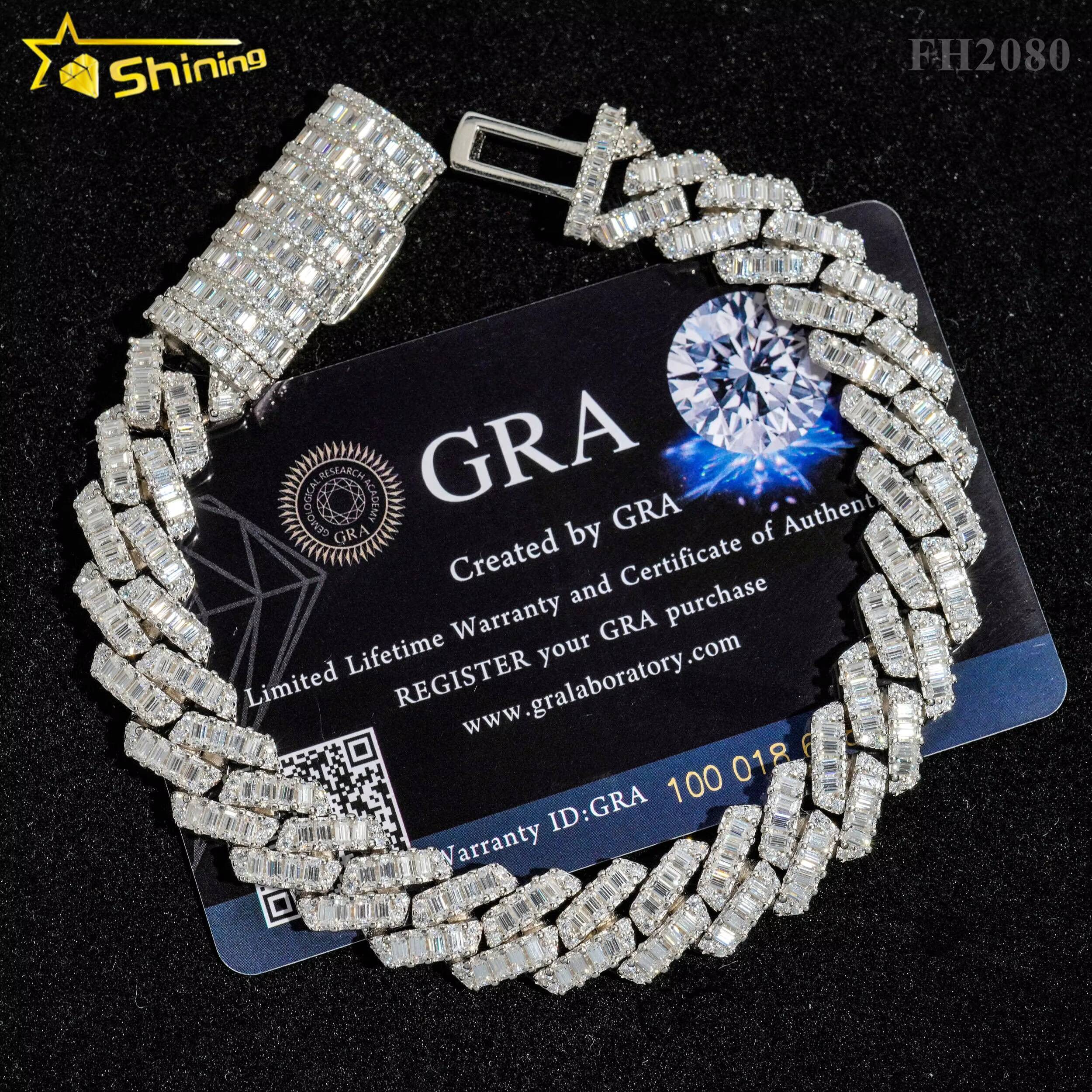 High Quality Luxury Bling Baguette Diamond 12MM 925 Sterling Silver Cuban Link Chain Moissanite Cuban Bracelet