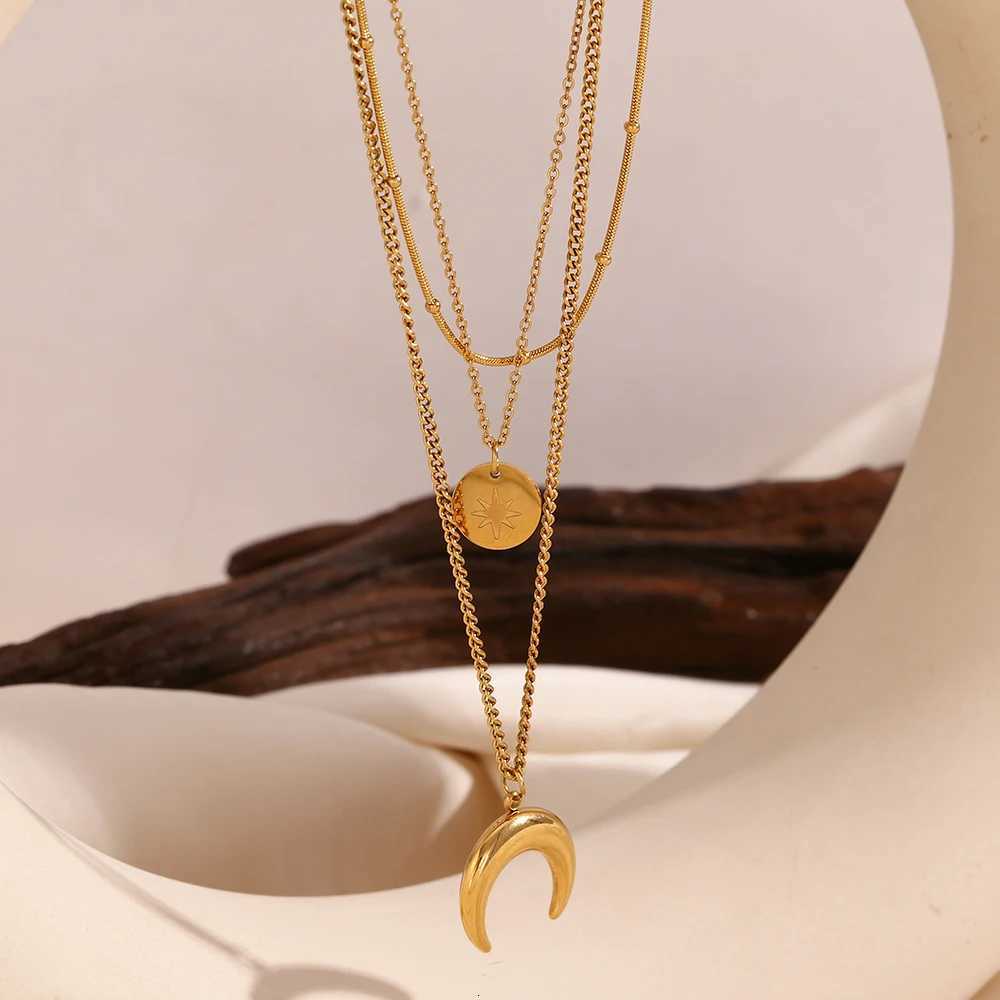E.B. Crescent Moon Star Three Layers Necklace Bracelet Waterproof Minimalist Stainless Steel Jewelry For Girls Ladies X250718