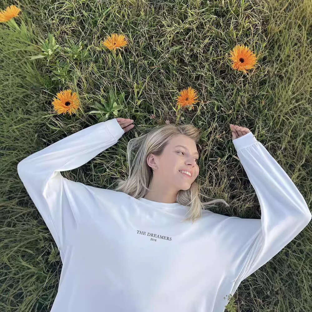 New American Style Letter Print Casual Cotton T-Shirt For Women Round Neck Loose Top B5