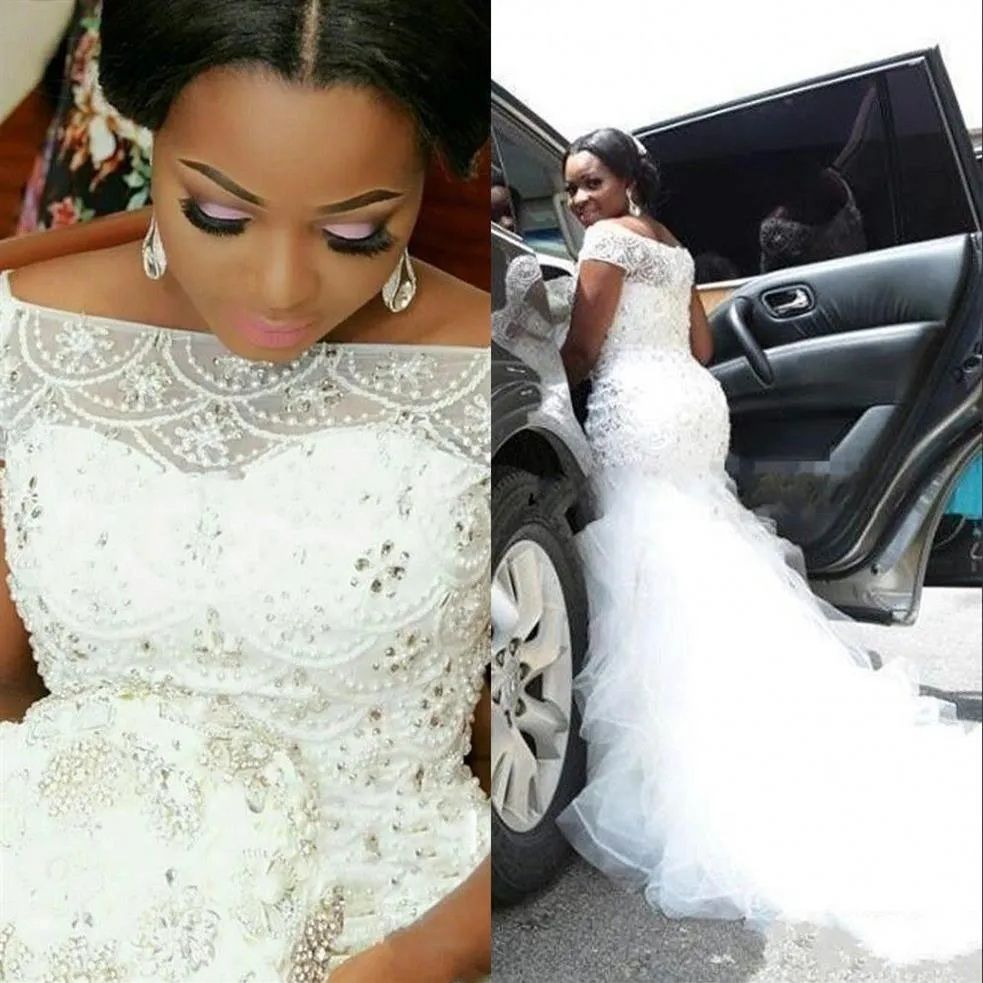 Plus Size African Mermaid Wedding Dresses Beading Pearls Sheer Bateau Neck Ruffled Short Sleeves Bridal Gowns Customized
