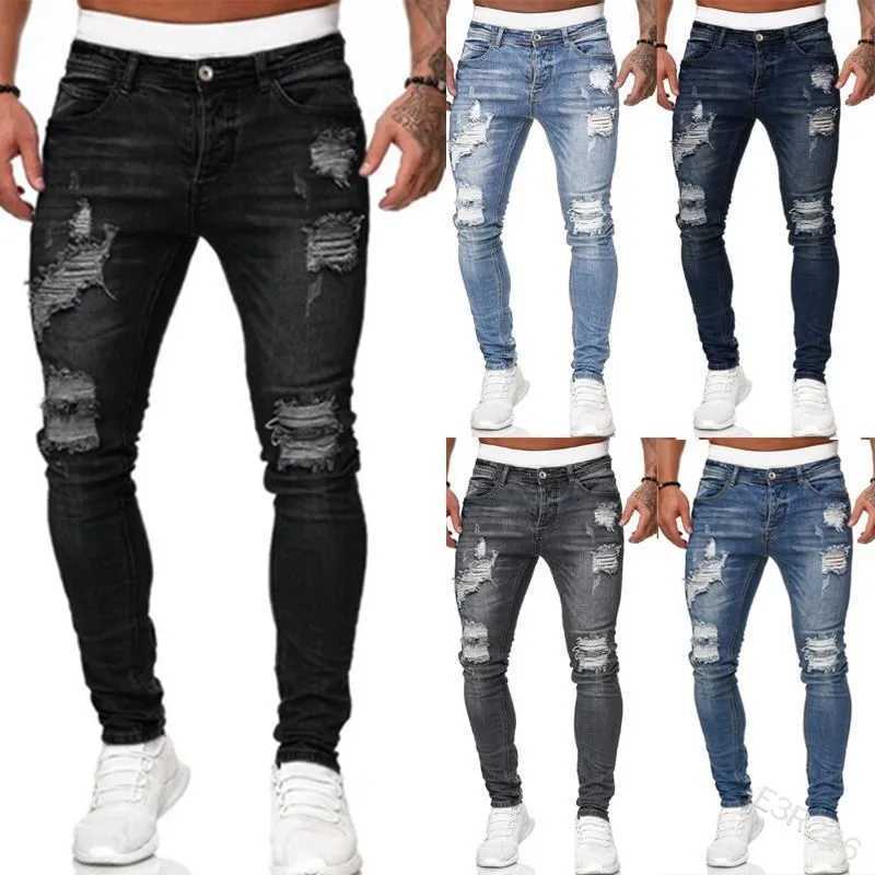 Mens Ripped Skinny Jeans Blue Slim Fit Hole Pencil Pants Casual Biker Trousers Streetwear 2022 High Quality Denim Mens Clothing X2507181