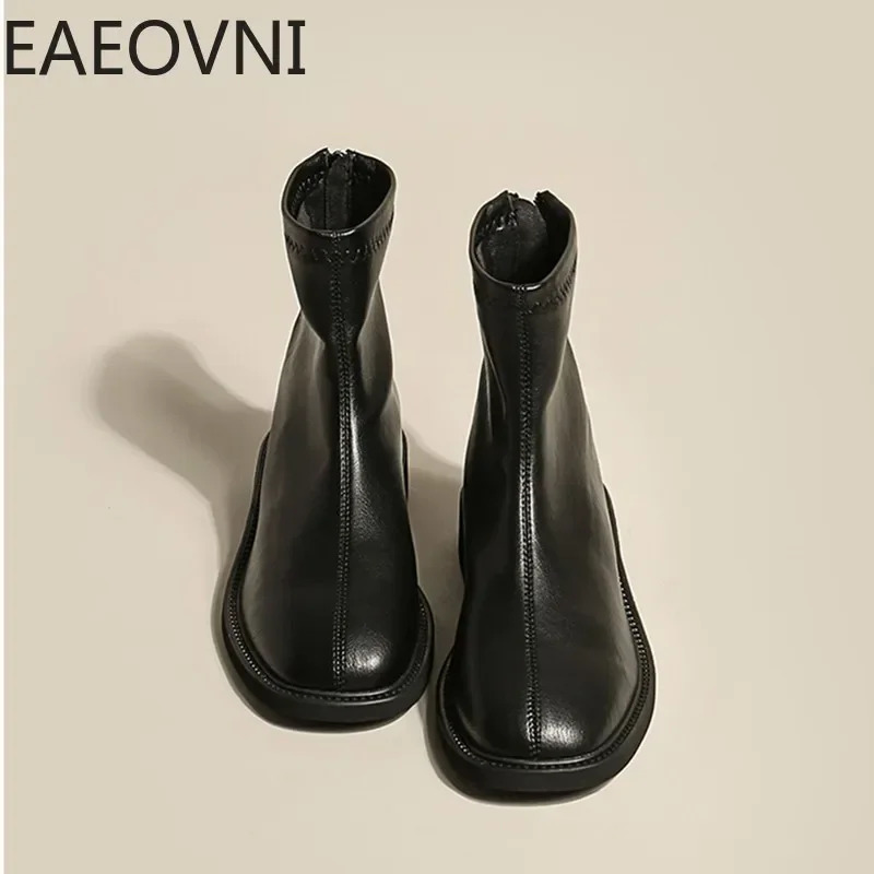 Winter Women Ankle Boots Fashion Soft Leather Ladies Elegant Short Boots Square Low Heel Chelsea Shoes 250717