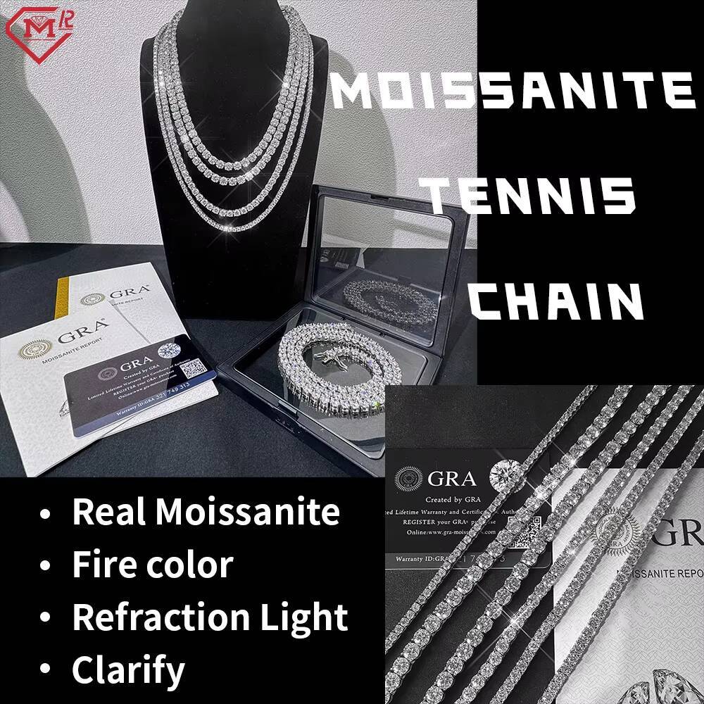 Iced Out 3mm Tennis Chains Necklace VVS Moissanite 925 Silver 10k Gold Moissanite Tennis Chain