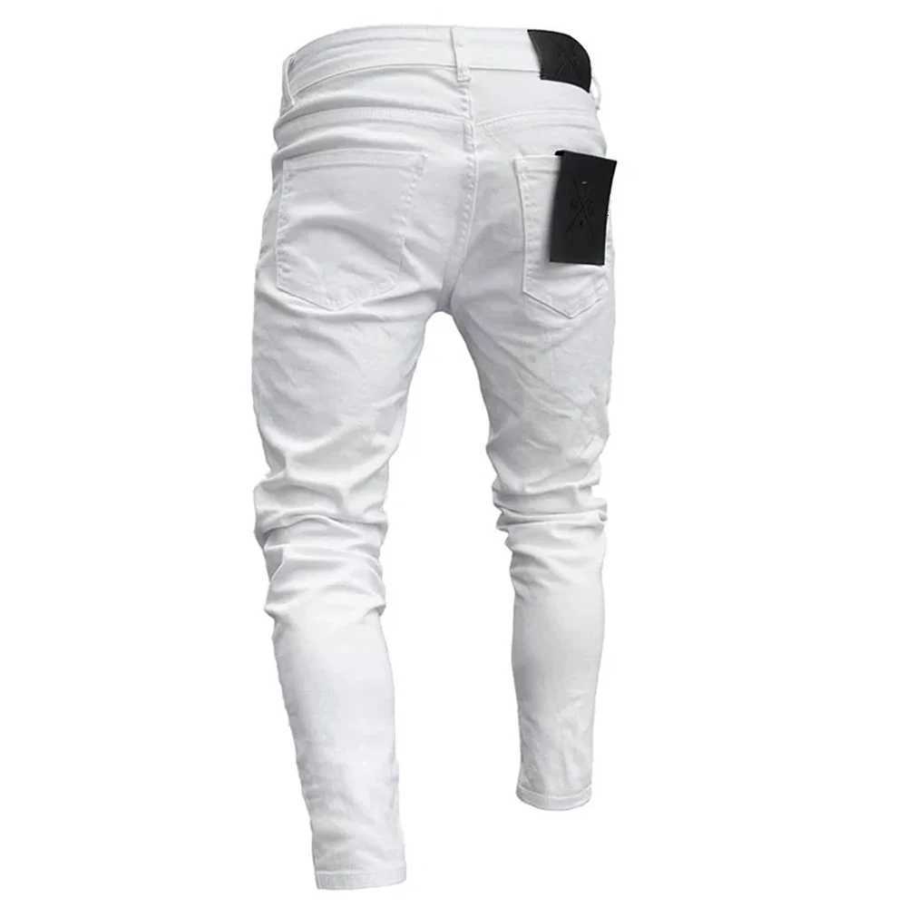White Embroidery Skinny Ripped Jeans Men Cotton Stretchy Hole Slim Fit Hip Hop Denim Pants Casual Jeans for Men Jogging Trousers X250718