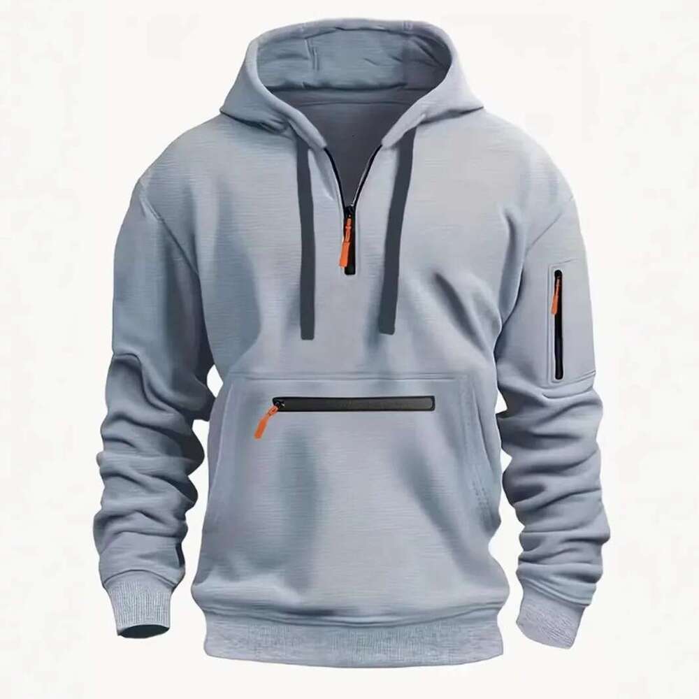 New Men's Sweatshirt Spring Autumn Casual Sports Multi-Zipper Arm Pocket Pullover Hoodie B5