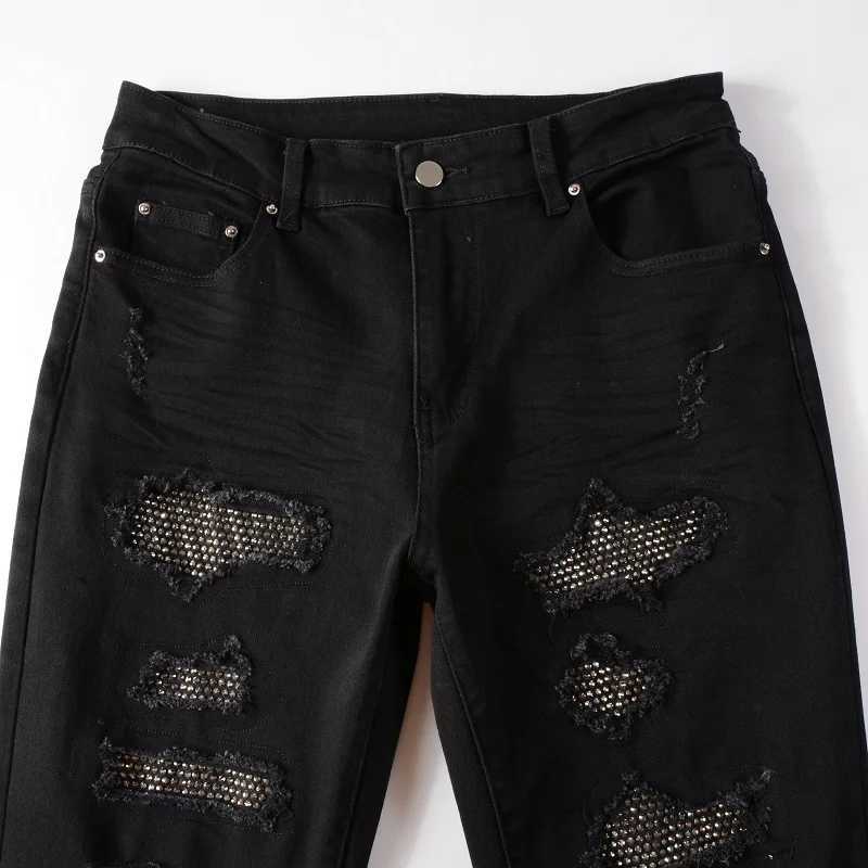 2025 Men Crystal Stretch Denim Jeans with Holes Ripped Black Cotton Pants Streetwear Skinny Tapered Trousers X2507181
