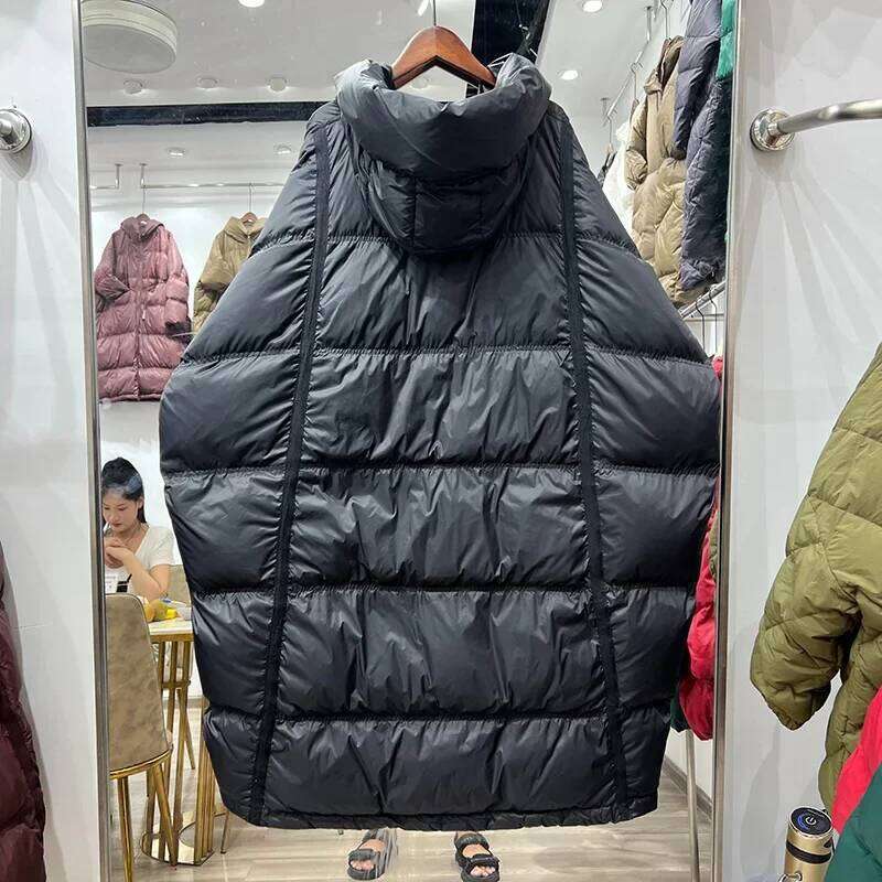 Schinteon Women White Duck Down Jacket With Hood Autumn Winter Warm Long Outwear Over Size Loose Coat 2025 New MDNG