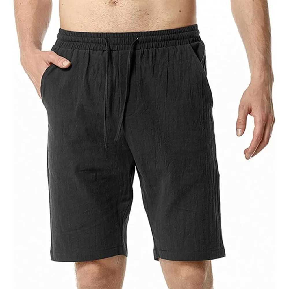 Mens Elastic Waist Solid Color Hawaiian Shorts Casual Cotton Linen Short Pants Men Shorts Breathable Sweatpants Male Bottoms W250718