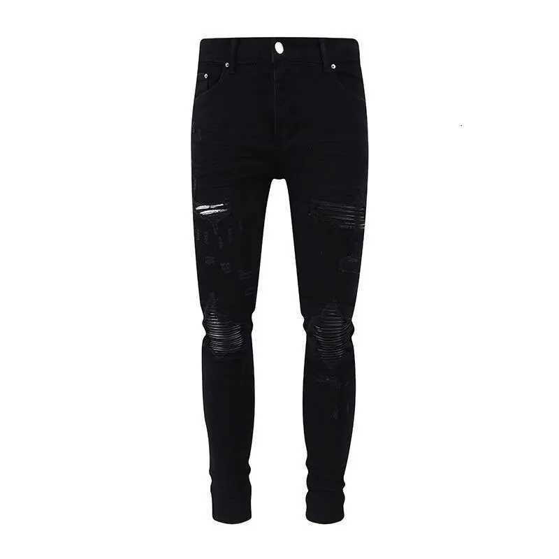 European and American designer high street fashion new black mens jeans stretch slim fit retro washed leather patch jeans hip-hop X250718