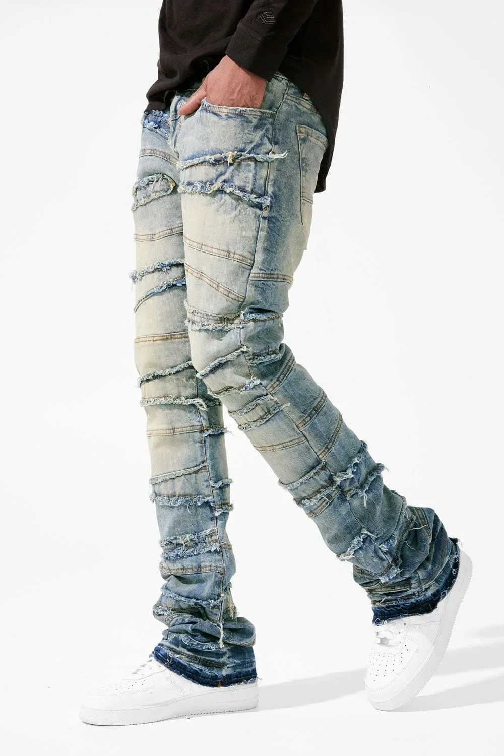 New Stacked Jeans Men Patchworks Spliced Denim Ripped Wash Frayed Pants Mens Streetwear X250718