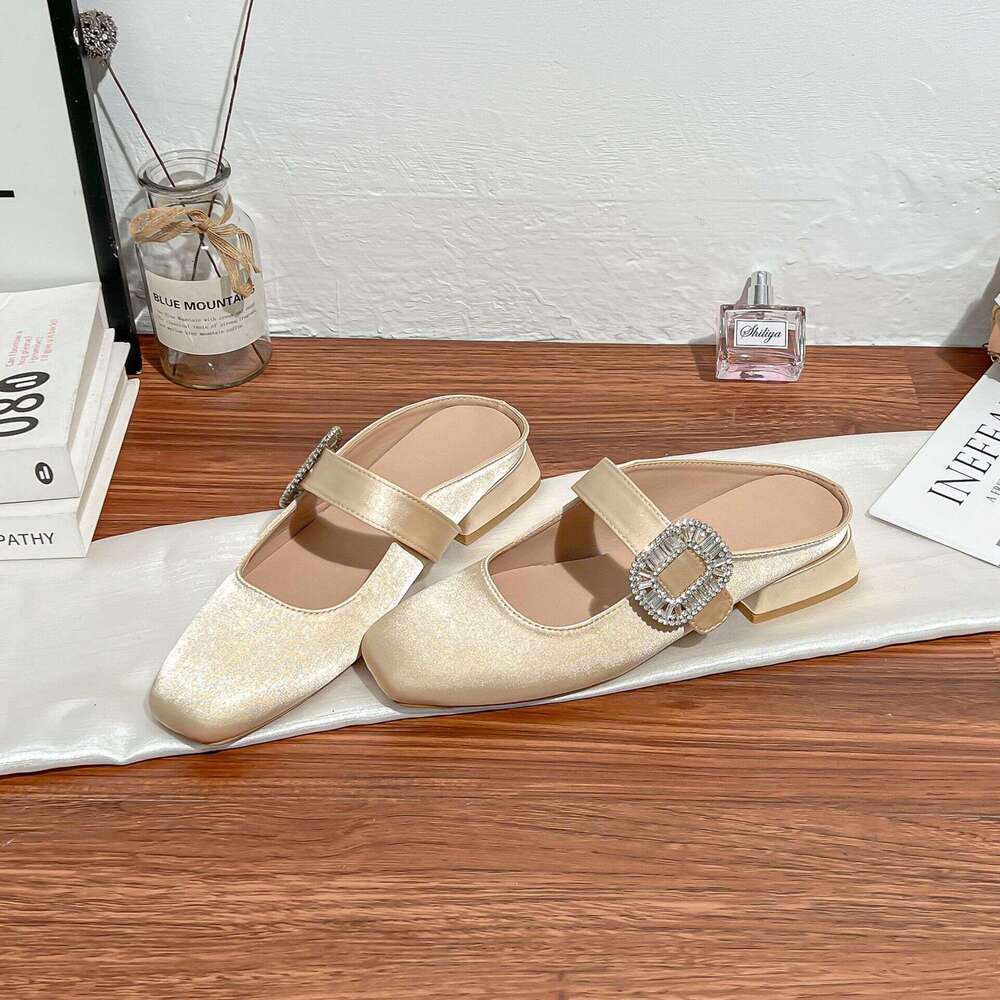 Designer Sparkling Diamond Buckle Small Square Toe Wide Strap Commuting Versatile Low Heel Elegant Half Slip-On Women's Closed-Toe Lazy Shoes
