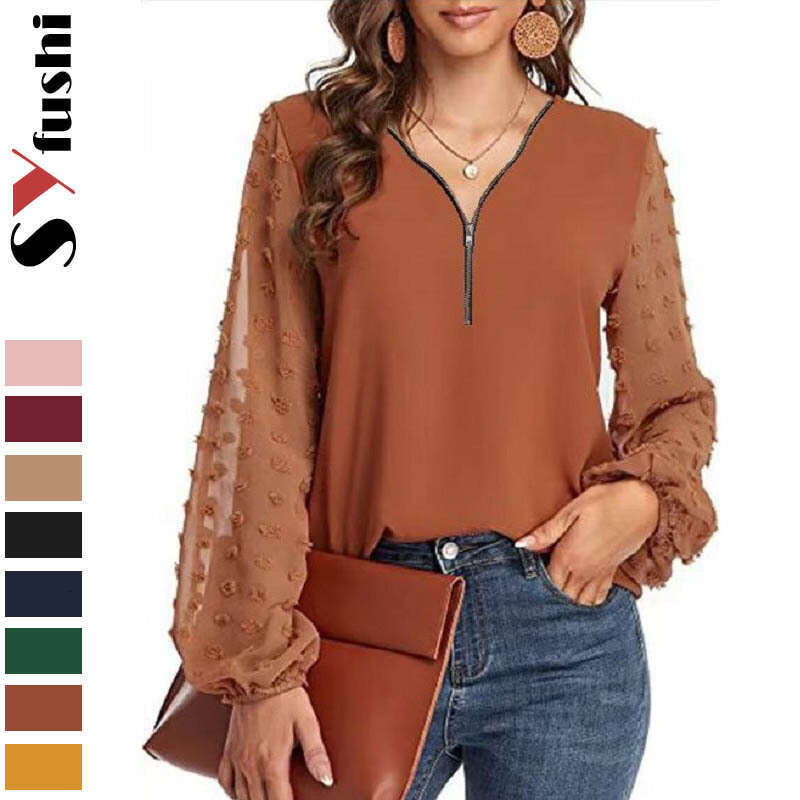 Autumn Women's Pullover V-Neck Zipper Patchwork Long Lantern Sleeve Solid Color Versatile Loose Fit B5
