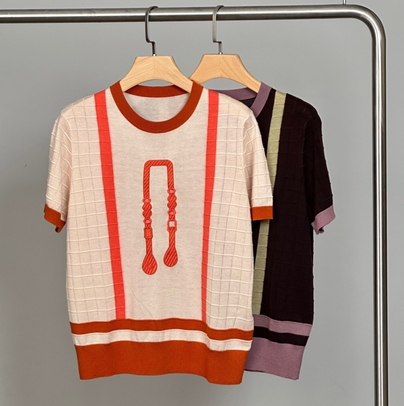 Spring summer Embroidery Womens Thin Top Loose Contrasting Color Round Neck Short Sleeved T-shirt Silk Wool Knitted Sweater 250718