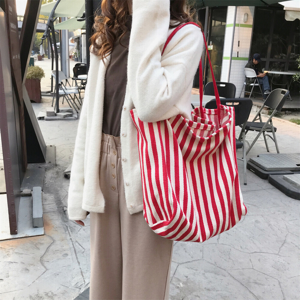 T01 Large Capacity Korean-style Classic Vintage Striped Shoulder Bag Chic and Simple Canvas Bag Trendy Street Style Bag
