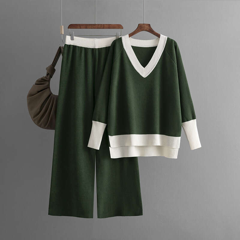 Fashion Casual for Women 2024 Autumn Winter New V-neck Color-block Knit Sweater Loose Wide-leg Pants Two-piece Set