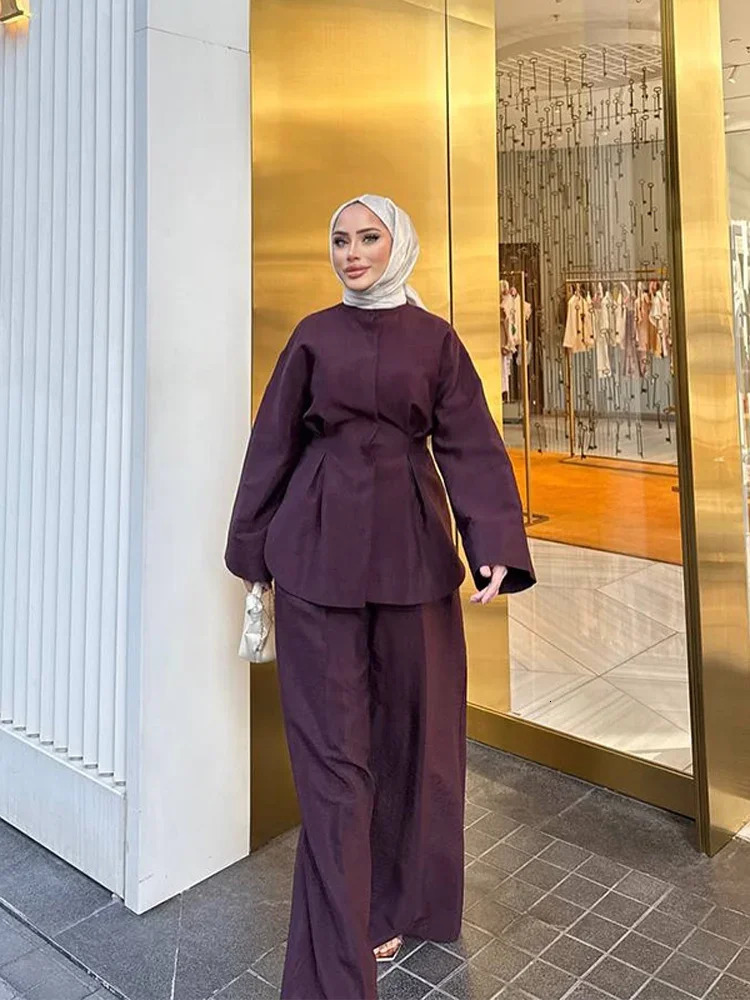 Fashion Womens Waist-Closed Trouser Suit Long Sleeve Button Pleated Wide Leg Pants Lady Set 2025 2 Pieces Set Women Outfits 250715