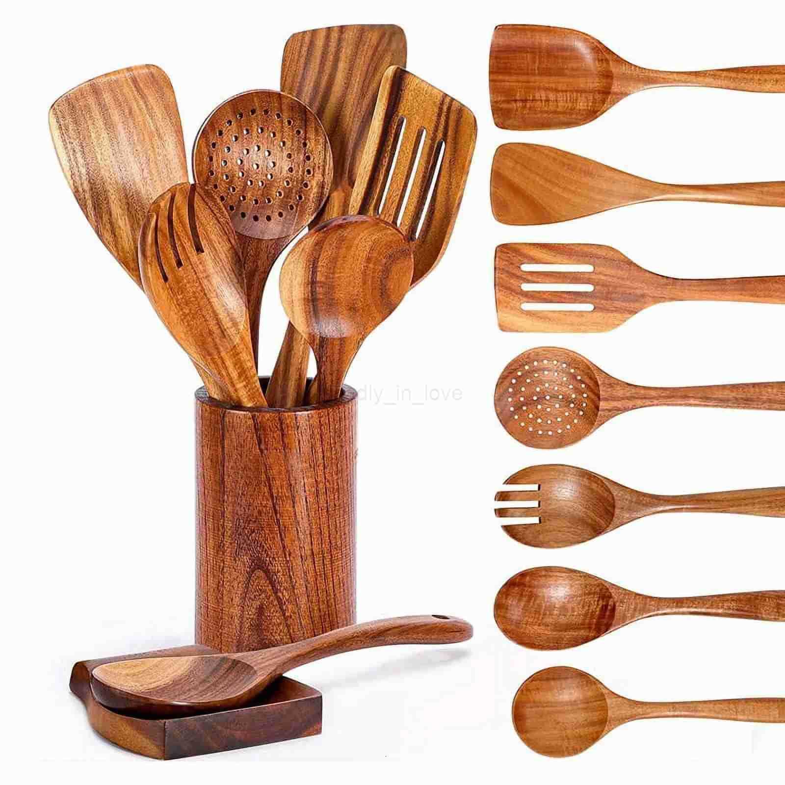 9pcs Natural Wood Kitchenware Set Skimmer Spoons Salad Scoop Kitchen Utensils Non-Stick Rice Colander Soup Cooking Tools M250718