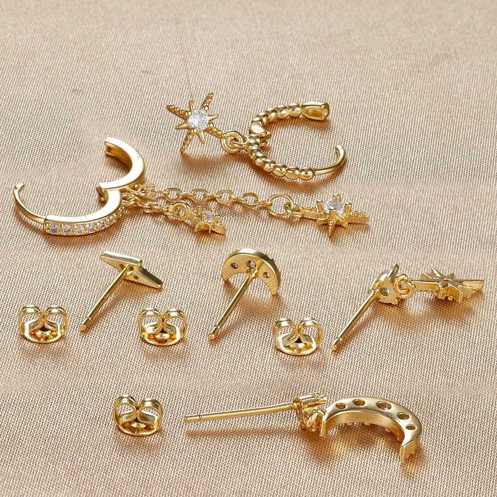 6PCS New Stainless Steel Chain Star Moon Hoop Earrings Set For Women Cubic Zirconia Pendant Cartilage Earring Piercing Jewelry X2507181