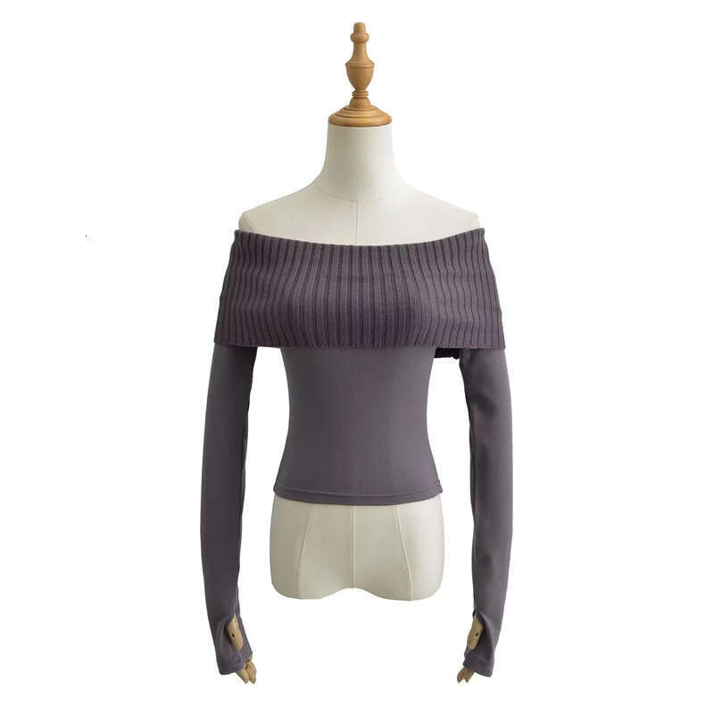 American Style Spicy Girl Sexy Off-Shoulder Knitted Patchwork Cuffed Long Sleeve T-Shirt Ultra Short Crop Top B5 g7