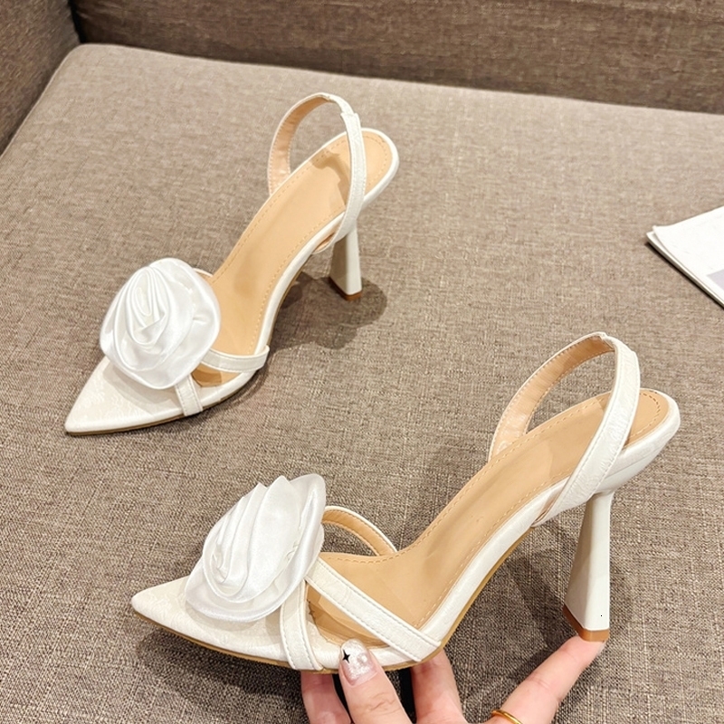 Liyke Summer Fashion Silk Rose Flowers Pointed Open Toe Back Strap Sandal Red High Heels Wedding Prom Shoes Zapatos Mujer t250703