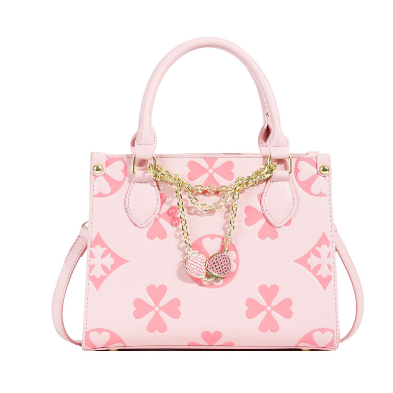 new Embossed Mahjong - style Bag with Four - leaf Strawberry Diamond Pendant and Chain Women's Single - shoulder Bag Simple Commuting Cross - bod