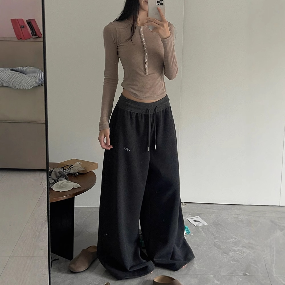 American Style Sports Casual for Women, Autumn Thin Sweatpants, Wide-Leg Pants, Draped Floor-Length Loose Plus Size Long Pants