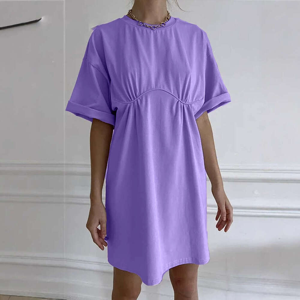 Summer New Pure Cotton Style Casual Loose T-Shirt Round Neck A-Line Dress Women's Clothing B5