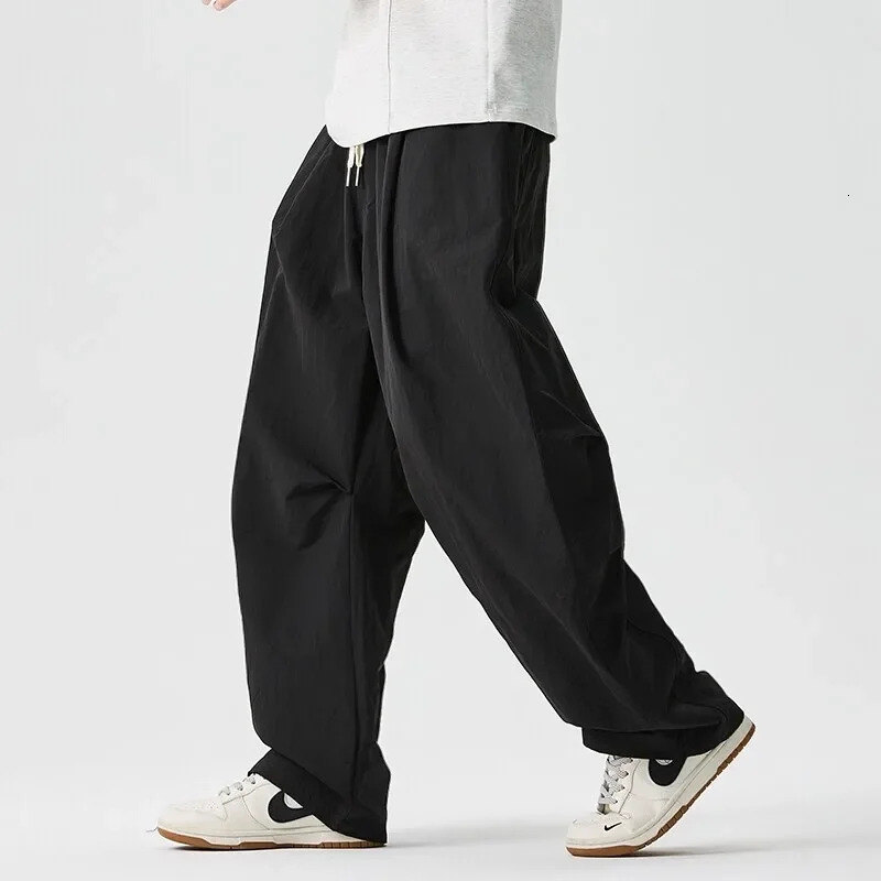Wide leg Pants Men Harajuku Japanese Style Loose Casual Pants Men Solid Comfortable Elastic Waist Trouser Outdoor Walking Hiking 250715