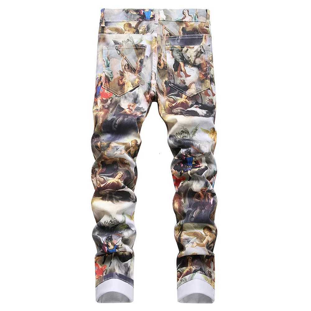 Men Classical Painting Print Jeans Fashion Angel Immortal Stretch Pants Slim Tapered Denim Trousers X2507181