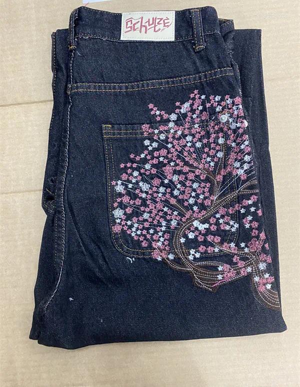 Embroidered Wide Leg Trousers Men's Jeans Vintage Low Waist Hip Hop Cherry Blossom Y2K Clothes Mens Womes Baggy