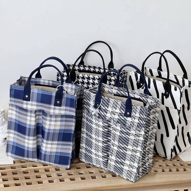 Hylhexyr Women's Thickened Canvas Handbag Grid Pattern Student Bento Lunch Box Bag Casual Tote high-quality
