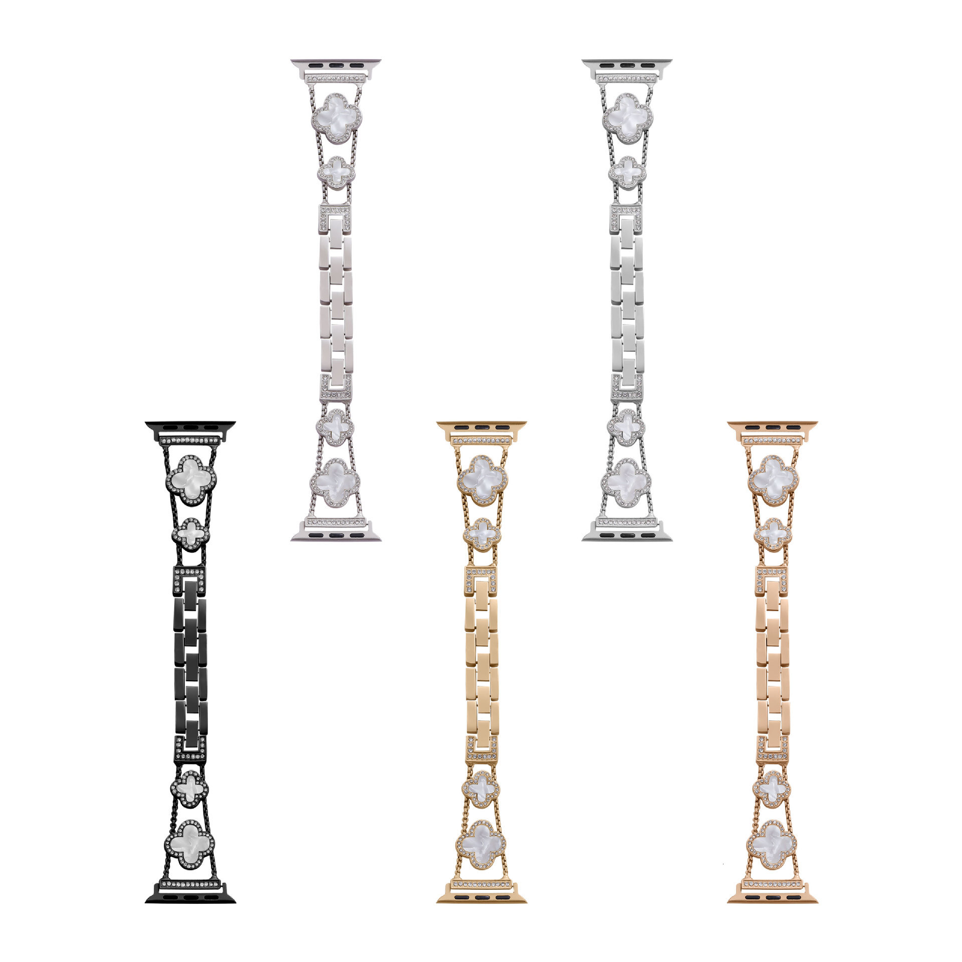 Compatible with iWatch S9 Clover Mother-of-Pearl Dia-Encrusted Apple Watch S8 SE Metal Strap ddmythur