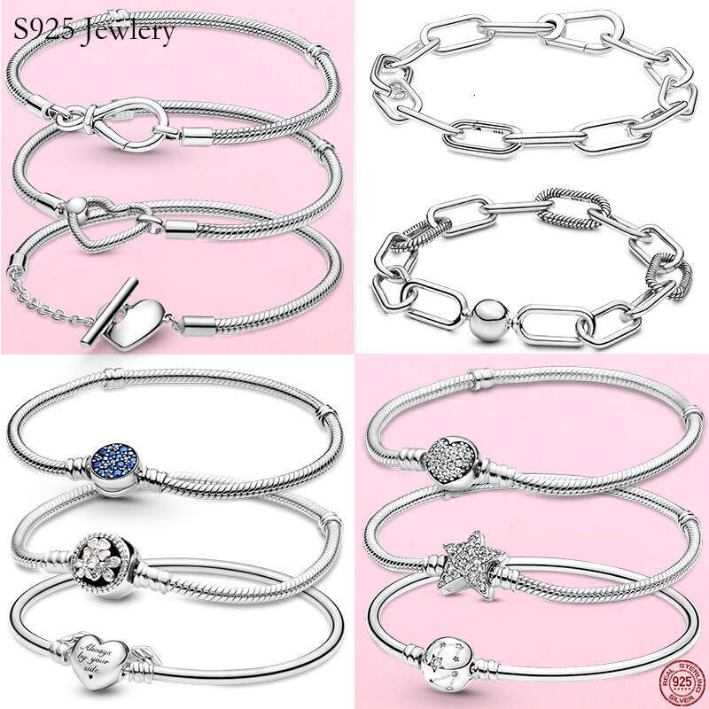 S925 925 Silver Snake Chain Bracelet with heart clip Suitable for beads Charm Bracelet DIY Jewelry For women Gift Fine jewelry free shipping