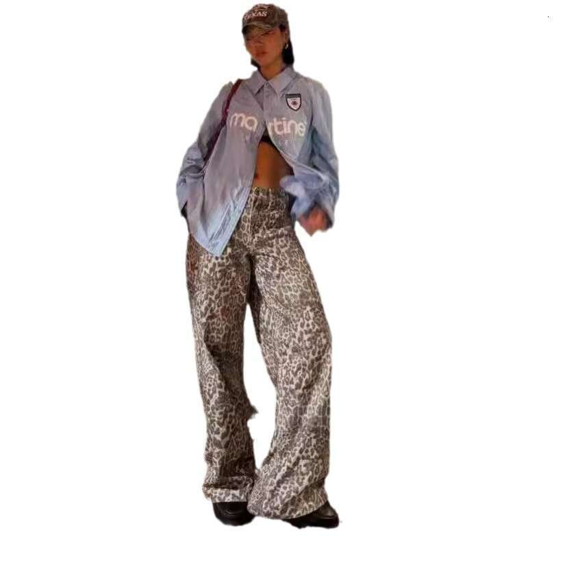 American Style Fashionable Leopard Print Mid-Low Waist Loose Wide-Leg Pants Women Straight-Leg Casual Cargo Jeans B5