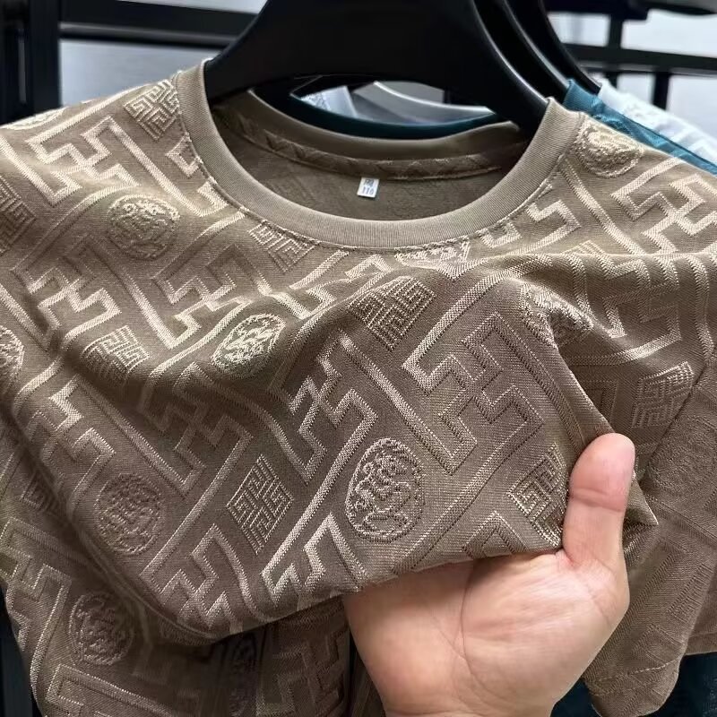 Men's T Shirts High quality Fashion Printed Short Sleeve T-shirt Men Summer Ice Silk Plaid Round Neck Casual Breathable Top