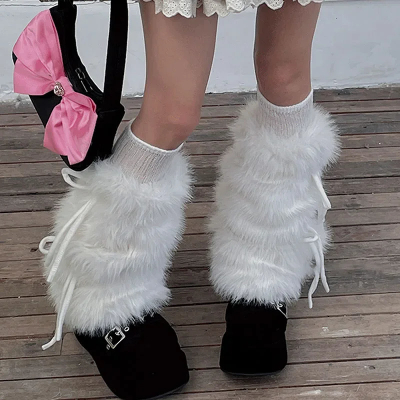 Punk Bow Tie Faux Rabbit Fur Leg Warmers Winter Warm Thickened Plush Leggings Socks Cold Protective Y2kBoot Cover Socks 250717